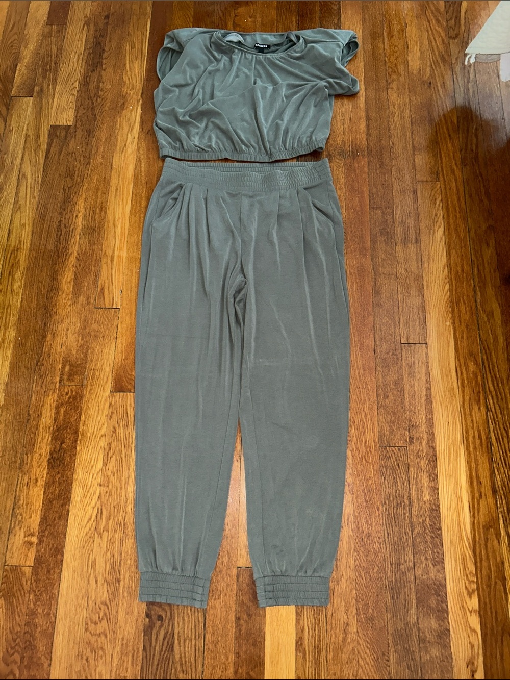 Express Olive Green Smocked Waist Jogger Set